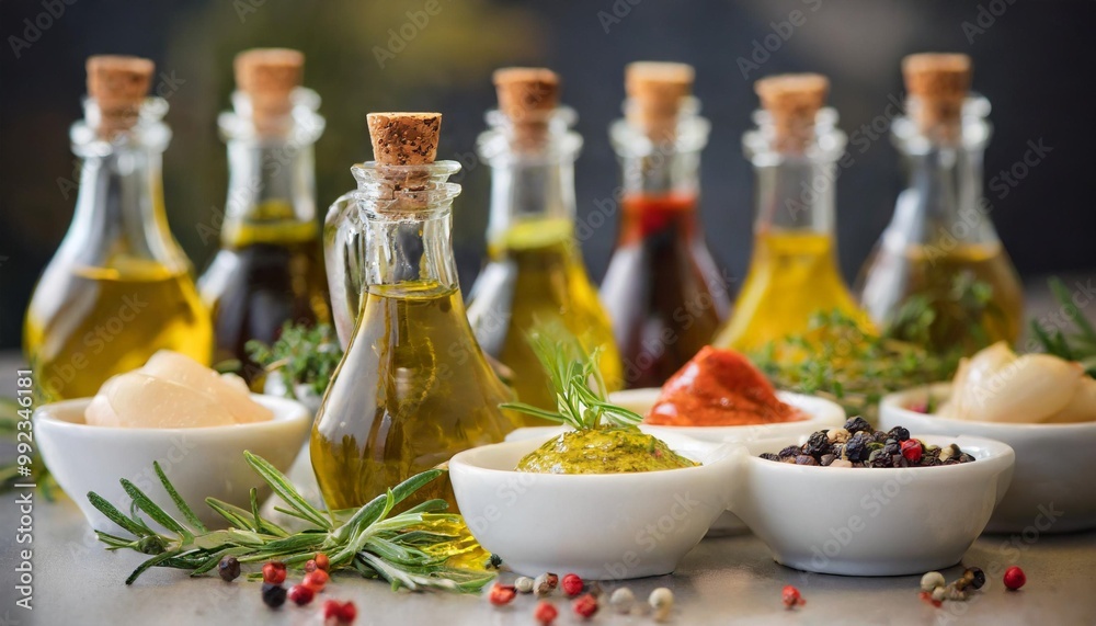 Gourmet condiment selection with depth of field featuring infused oils and flavored vinegars Gourmet condiment selection with depth of field featuring infused oils and flavored vinegars