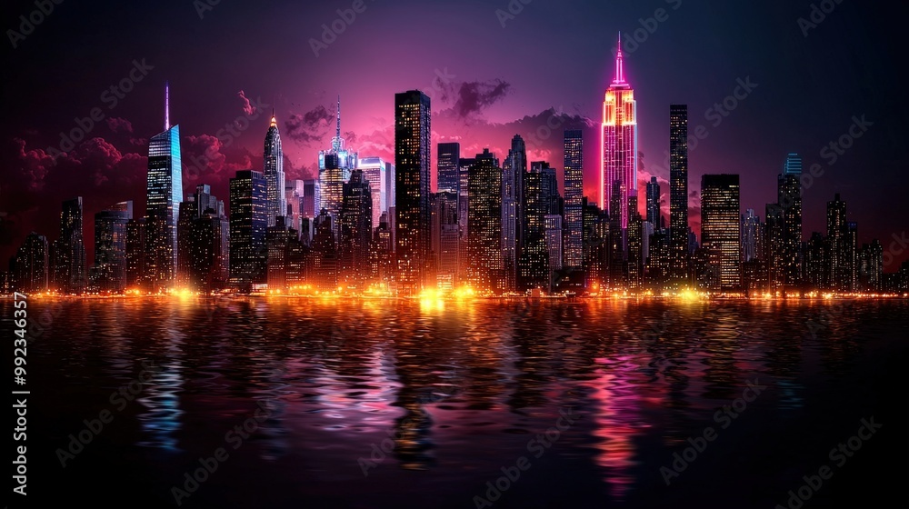 Obraz premium Night City Skyline with Water Reflection and Neon Lights