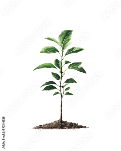 Small green plant growing from soil, white isolate background photo