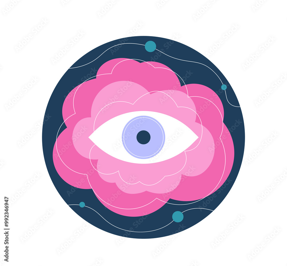 Science fiction sticker. Pink cloud with eye. Space and cosmos, galaxy and universe. Cosmic adventure and journey. Template and layout. Flat vector illustration