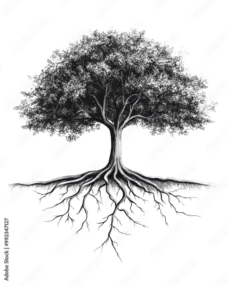 custom made wallpaper toronto digitalArtistic tree illustration with intricate roots on white background.