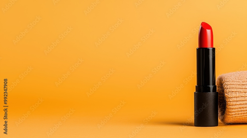 Red Lipstick and Beige Fabric on Yellow Background Red Lipstick and Beige Fabric on Yellow Background