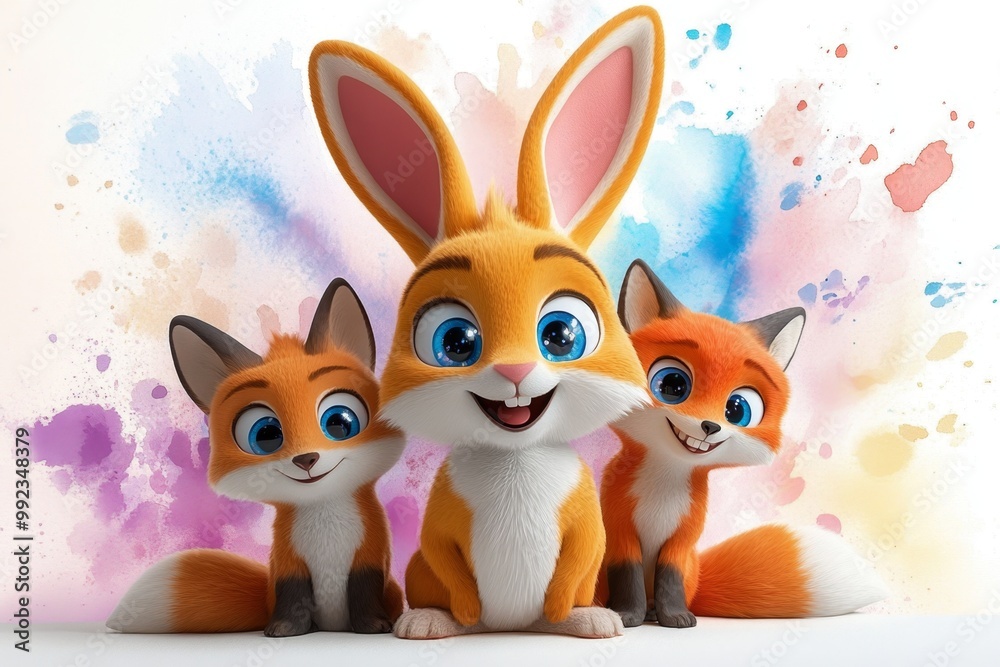 A vibrant illustration of a fluffy bunny and two playful foxes with large, sparkling eyes, sitting together against a background of pastel watercolor splashes A vibrant illustration of a fluffy bunny and two playful foxes with large, sparkling eyes, sitting together against a background of pastel watercolor splashes