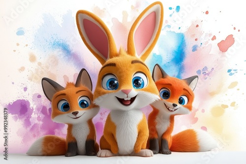 A vibrant illustration of a fluffy bunny and two playful foxes with large, sparkling eyes, sitting together against a background of pastel watercolor splashes