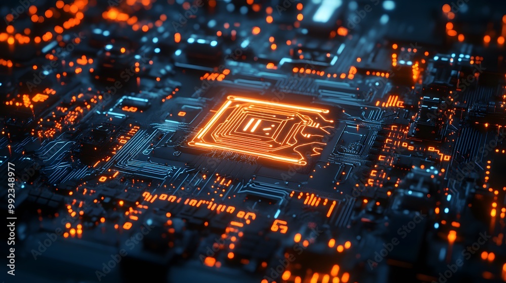 Glowing Orange Circuit Board with Central Processor Glowing Orange Circuit Board with Central Processor