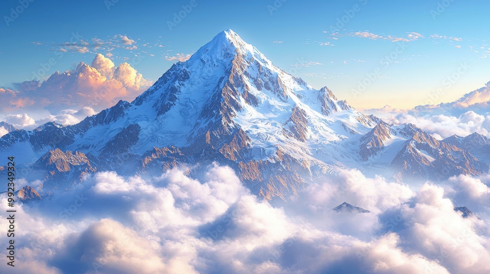 Fototapeta premium Majestic Snowy Mountain Peak Above Clouds at Sunset