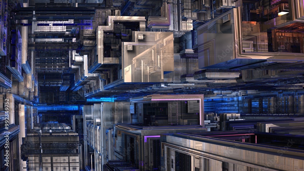 3D reflective metal fractal, with blue and purple lights 3D reflective metal fractal, with blue and purple lights
