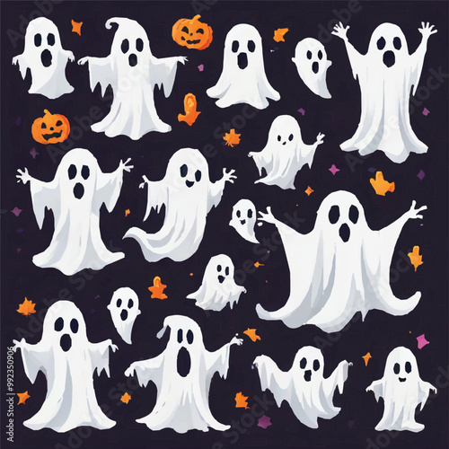 Halloween kawaii ghosts characters with trick or treat . Cute cartoon Halloween ghost monsters vector personages with Dracula vampire cape, devil horns, bat wings. Ghost surprised icon vector. 