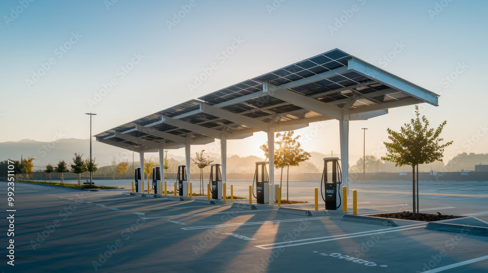EV Charging Infrastructure with Solar Roof with Copy-Space EV Charging Infrastructure with Solar Roof with Copy-Space