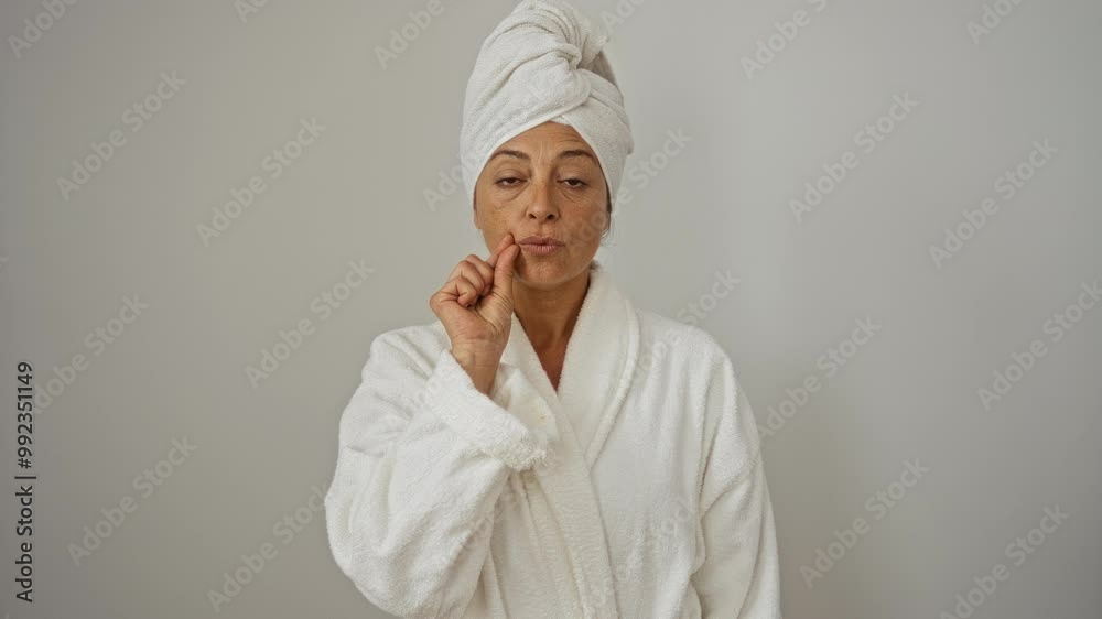 Woman in middle age wearing towel and bathrobe, mouth shut with finger over lips in secretive silent gesture, isolated on white background Woman in middle age wearing towel and bathrobe, mouth shut with finger over lips in secretive silent gesture, isolated on white background