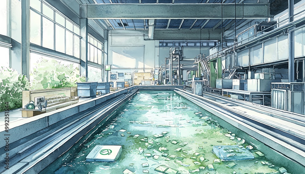 Fototapeta premium Watercolorstyle illustration of a recycling factory, soft greens and blues, depicting the clean process of turning waste into resources