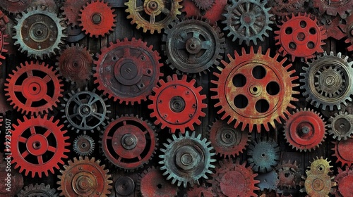 Wallpaper Mural A close-up of a variety of red and blue gears, some rusted, some worn, all interlocked and ready to work together. Torontodigital.ca