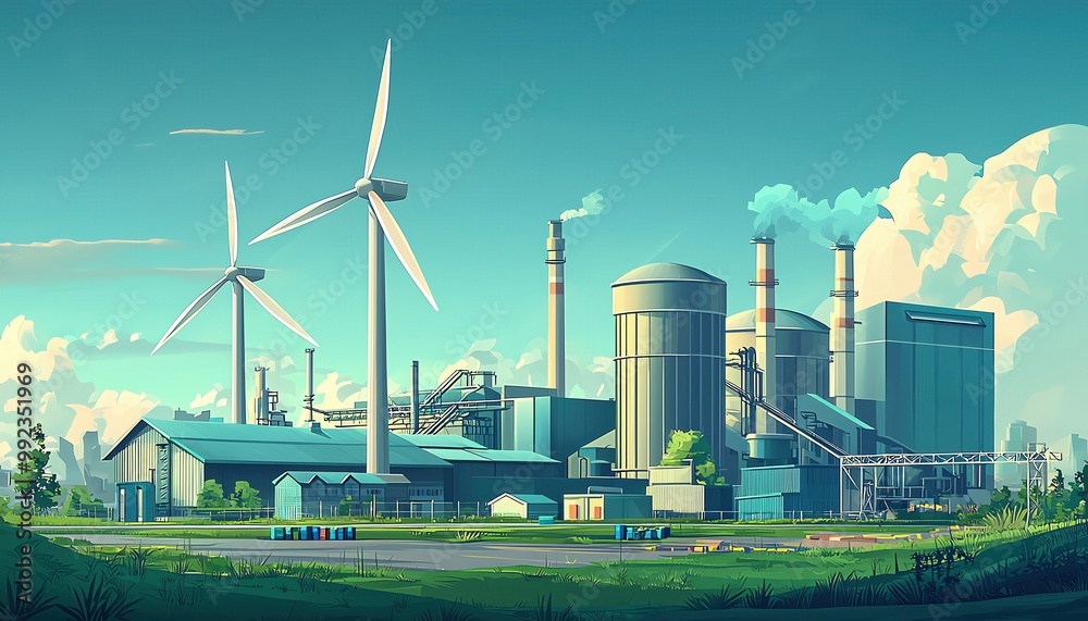 Wind turbines in the background of a recycling plant, ecofriendly industrial scene, muted greens and blues, focus on renewable energy and recycling Wind turbines in the background of a recycling plant, ecofriendly industrial scene, muted greens and blues, focus on renewable energy and recycling