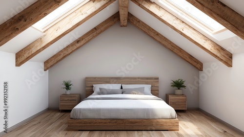 Cozy bedroom with wooden beams, a comfortable bed, and minimal decor for a serene and modern living space. photo