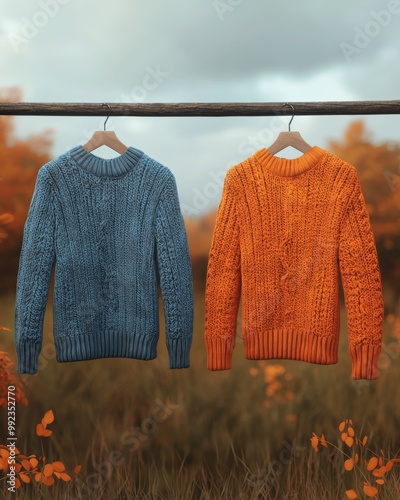 Colorful Knit Sweaters Hanging in Autumn Landscape photo