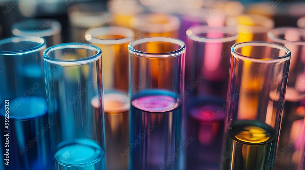 Close-up of Colorful Liquids in Glass Test Tubes Close-up of Colorful Liquids in Glass Test Tubes