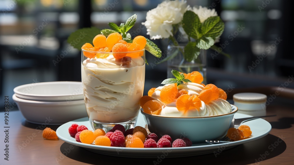 Cloudberry coconut parfait served frosted glass bowls chic wellness caf colorful smoothies fitness magazines softly glowing behind promoting fresh nutritious dessert Scientific name Rubus chamaemorus Cloudberry coconut parfait served frosted glass bowls chic wellness caf colorful smoothies fitness magazines softly glowing behind promoting fresh nutritious dessert Scientific name Rubus chamaemorus