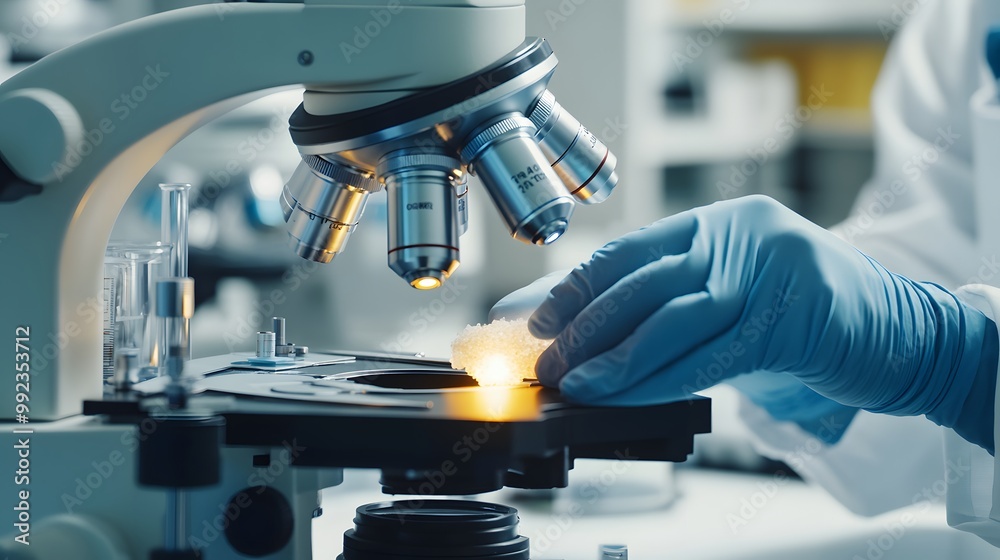 Gloved hand placing a sample under a microscope Gloved hand placing a sample under a microscope