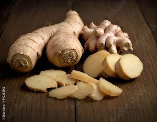 ginger, ginger root on wooden board, ginger root on wooden background photo