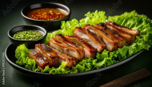 Grilled pork belly slices served with lettuce wraps and spicy dipping sauce