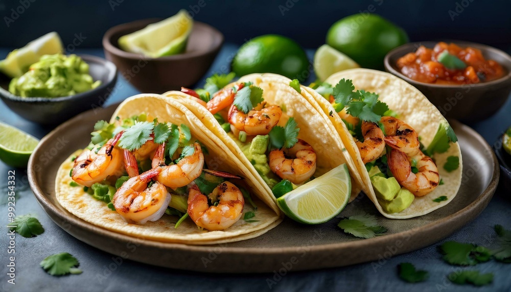 A vibrant shrimp and avocado salad on a plate, garnished with fresh vegetables and colorful ingredients, perfect for a healthy and delicious meal A vibrant shrimp and avocado salad on a plate, garnished with fresh vegetables and colorful ingredients, perfect for a healthy and delicious meal