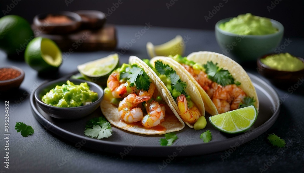 A vibrant shrimp and avocado salad on a plate, garnished with fresh vegetables and colorful ingredients, perfect for a healthy and delicious meal A vibrant shrimp and avocado salad on a plate, garnished with fresh vegetables and colorful ingredients, perfect for a healthy and delicious meal