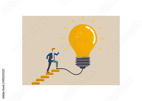 Brainstorming New Ideas and Opportunities with a Businessman Climbing an Electric Line Stairway to a Lightbulb of Innovation , Vector Illustration