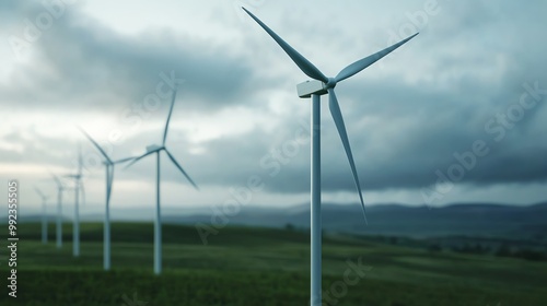 Wind turbines spinning in a stormy landscape, symbolizing the balance between clean energy and environmental challenges