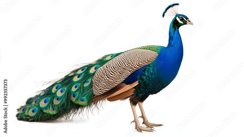 Fototapeta premium Vibrant Peacock with Full Plumage Display on White Background - Majestic Bird in Stunning Detail