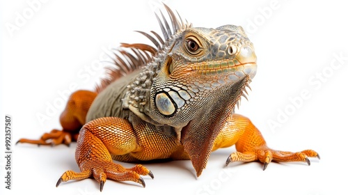 Vibrant Iguana on White Background - Close-Up of Colorful Reptile with Detailed Scales and Spikes