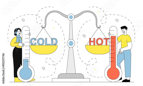 People with temperature contrast. Man and woman with thermometers near scales. Tine guy and girl with climate change. People with meteorology. Linear vector illustration