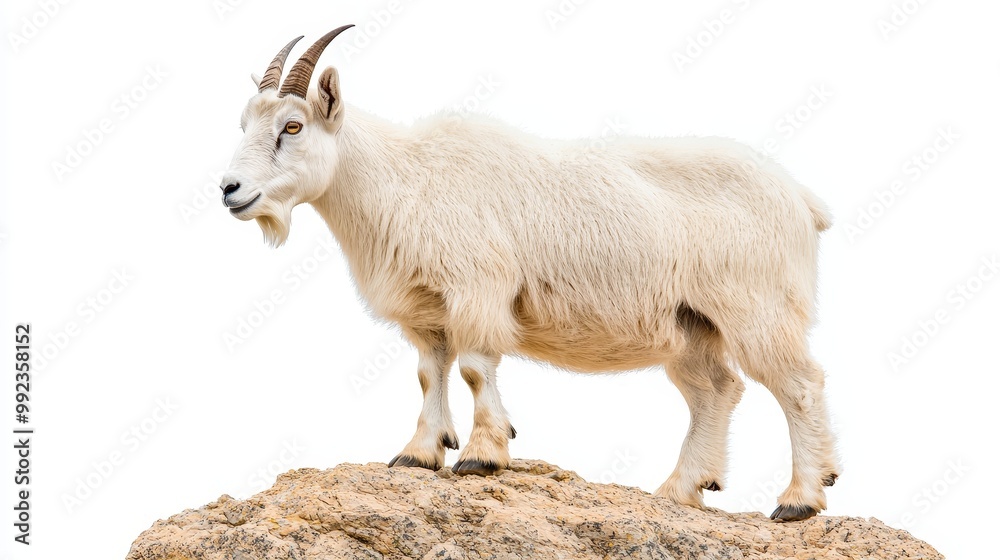 Majestic Mountain Goat Standing on Rock Against a Pristine White Background