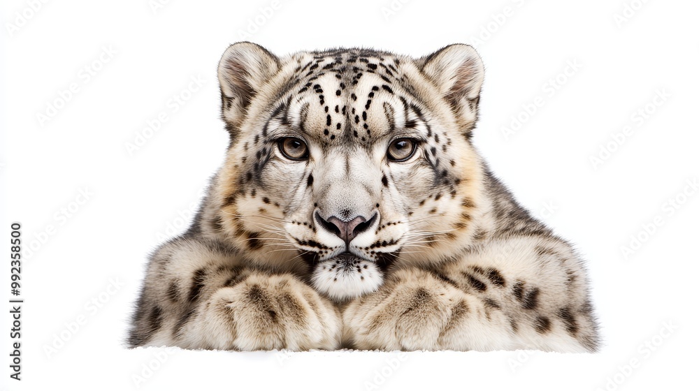 Majestic Snow Leopard on White Background - Close-Up of Endangered Big Cat with Intense Gaze and Beautiful Fur Pattern Majestic Snow Leopard on White Background - Close-Up of Endangered Big Cat with Intense Gaze and Beautiful Fur Pattern
