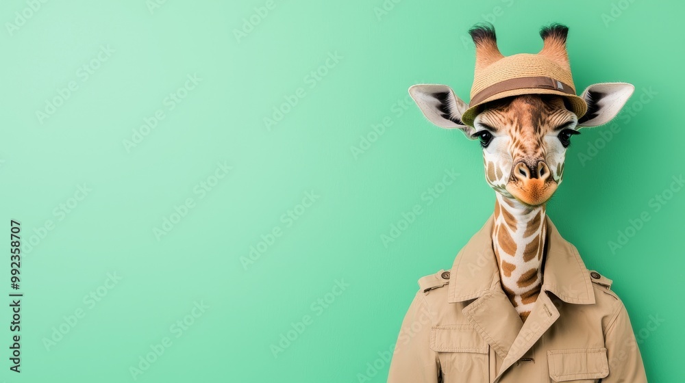 Giraffe Wearing a Stylish Hat and Trench Coat on a Pastel Green Background - Fun and Whimsical Animal Portrait Giraffe Wearing a Stylish Hat and Trench Coat on a Pastel Green Background - Fun and Whimsical Animal Portrait