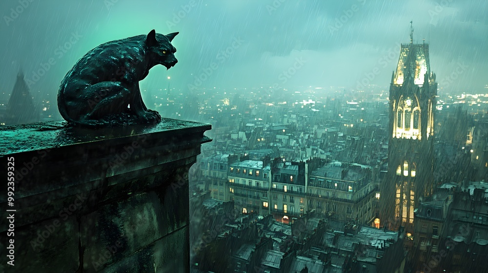 Fototapeta premium A rain-soaked gargoyle statue perched on the edge of a stone building, overlooking a dark, misty cityscape. The watercolor style emphasizes the wet stone texture, with the distant city lights