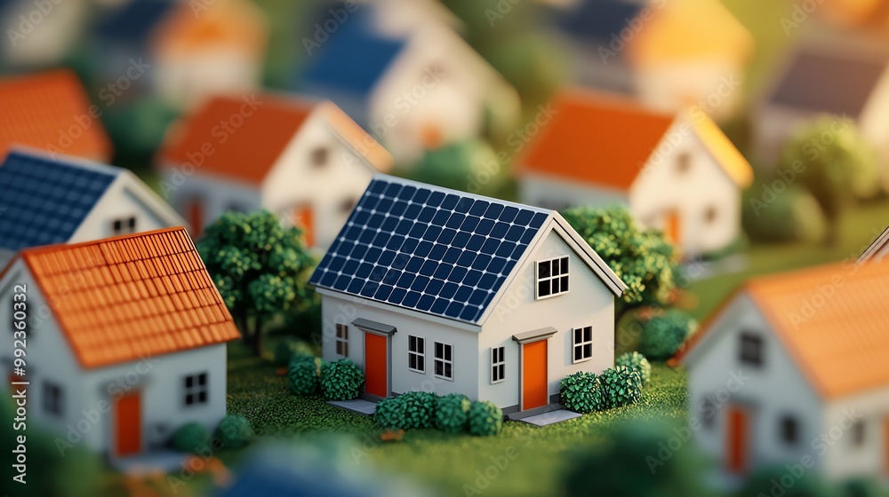 Ecofriendly homes, solarpaneled houses in a community, 3D illustration Ecofriendly homes, solarpaneled houses in a community, 3D illustration