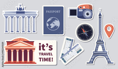 Travel stickers collection. Pack of icons for tourists. Foreign passport, camera and compass. Coliseum and Eiffel Tower. Italian and French attractions. Flat vector set