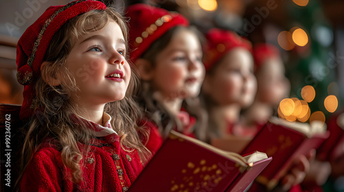 Young children dress in colorful festive clothing and sing from songbooks. Holiday choir with Christmas decorations in the background.  photo