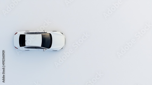 Aerial View of Modern White Car on Minimalist White Background - Top Down Perspective
