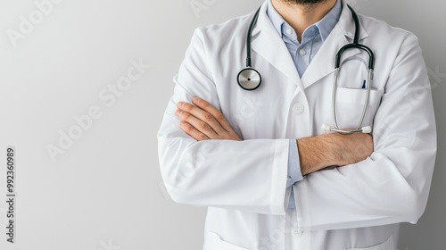 Confident Healthcare Professional with Stethoscope in White Coat Standing with Arms Crossed