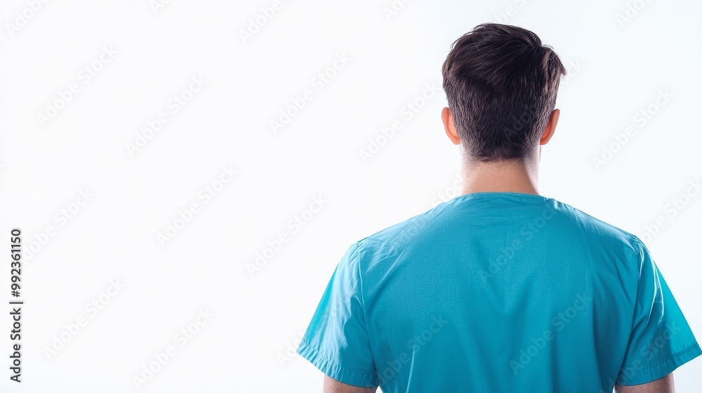 Back View of a Healthcare Professional in Blue Scrubs on a White Background Back View of a Healthcare Professional in Blue Scrubs on a White Background