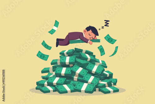 A businessman enjoys a comfortable life and sleeps soundly on a pile of dollars, a symbol of business success and financial wealth