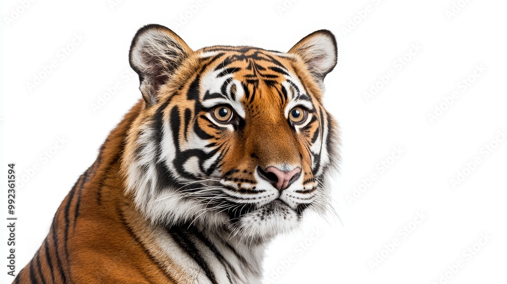 Majestic Bengal Tiger Portrait on White Background - Close-Up of a Beautiful Wild Animal with Striking Stripes and Intense Gaze Majestic Bengal Tiger Portrait on White Background - Close-Up of a Beautiful Wild Animal with Striking Stripes and Intense Gaze