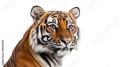 Majestic Bengal Tiger Portrait on White Background - Close-Up of a Beautiful Wild Animal with Striking Stripes and Intense Gaze