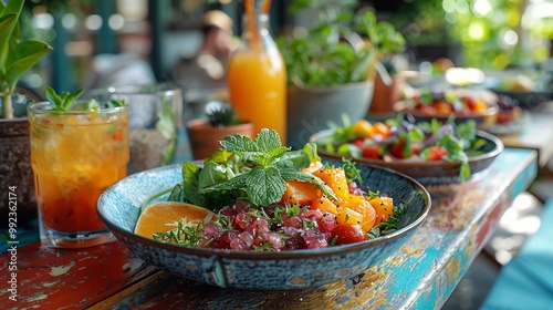 Fresh rollinia fruit mint salad served colorful patio table fitness smoothies and detox drinks softly blurred in the background reflecting a light and healthy meal Scientific name Rollinia deliciosa photo