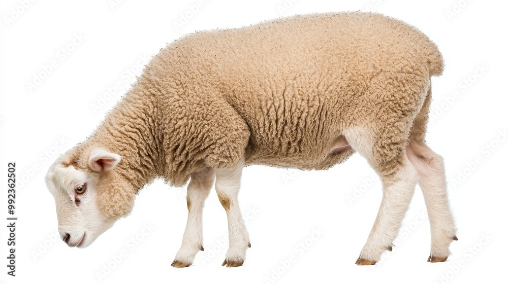 Fototapeta premium Adorable Sheep Standing on White Background - High-Quality Stock Photo for Agricultural and Animal-Themed Projects