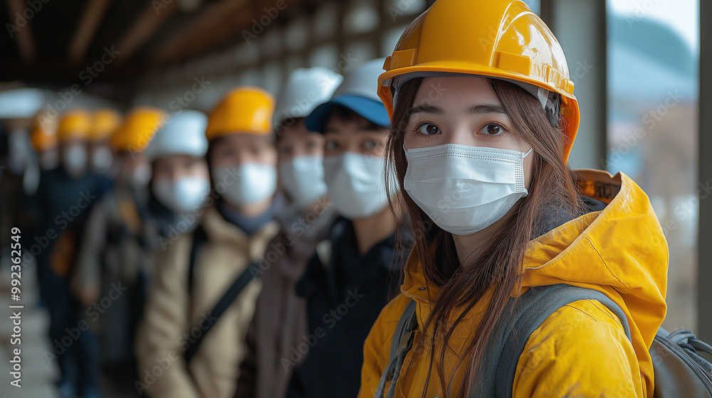 避難訓練をする女性 避難訓練をする女性