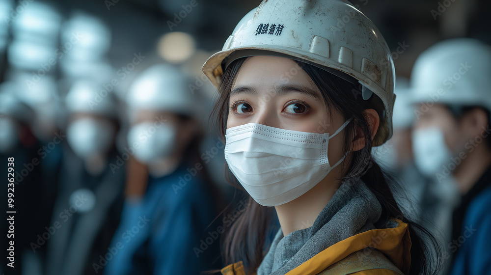 避難訓練をする女性 避難訓練をする女性