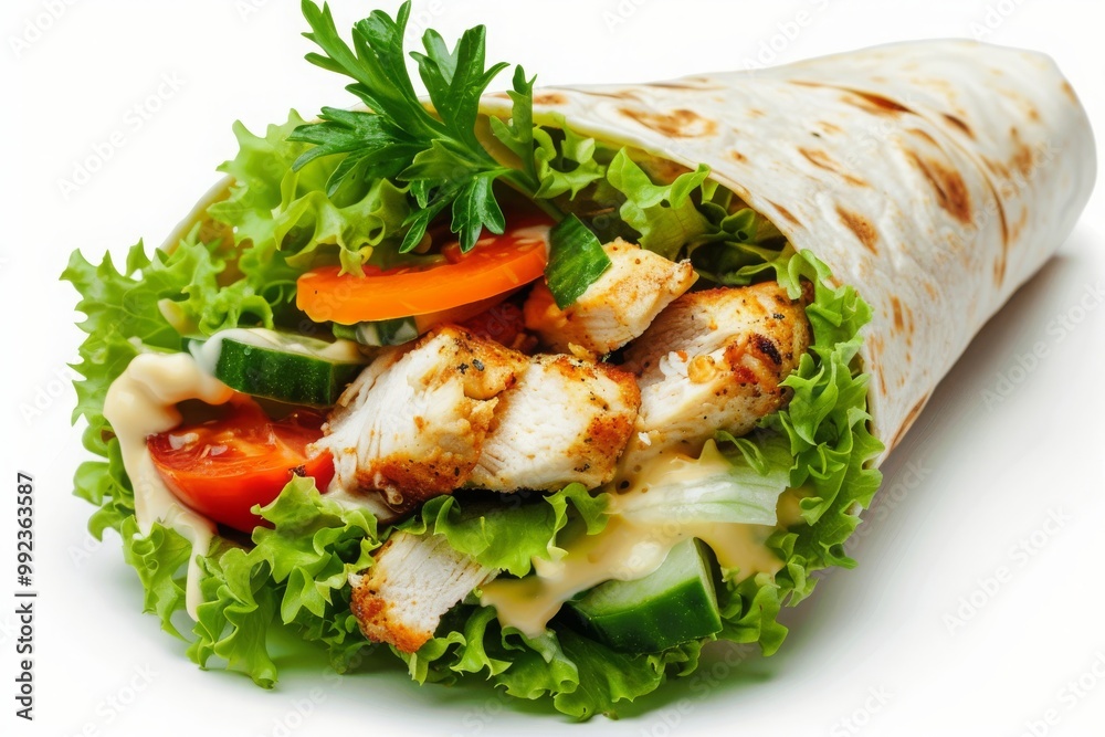 Crispy chicken wrap with lettuce, melted Mozzarella, yellow or honey sauce, tortilla wrap with chicken and vegetables isolated on white