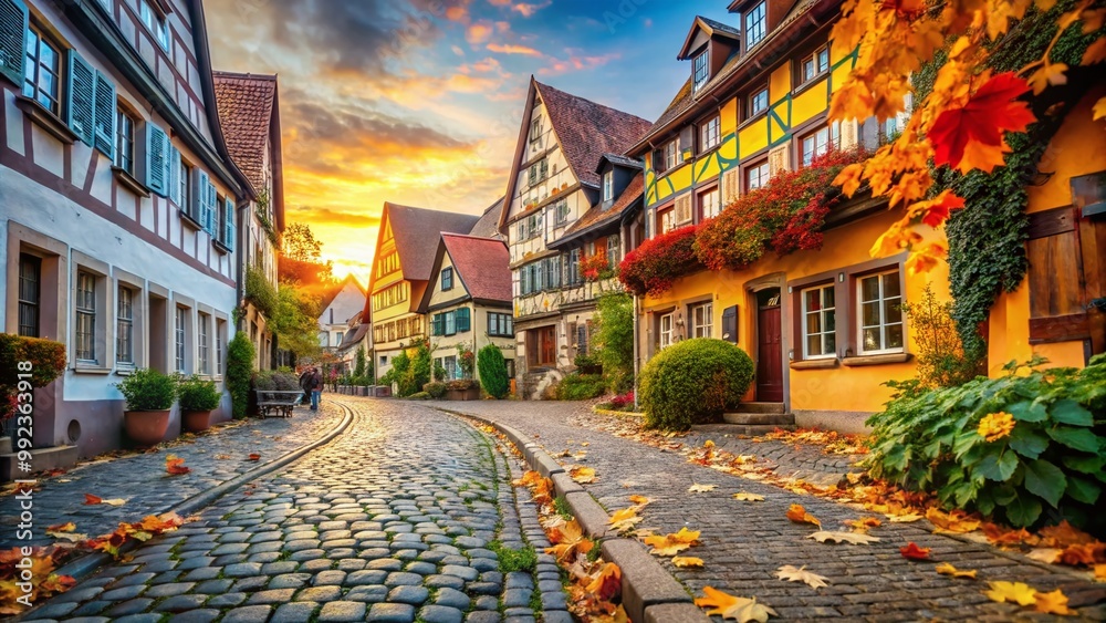Fototapeta premium Charming German Street Scene with Traditional Architecture and Quaint Cobblestone Pathways in Autumn